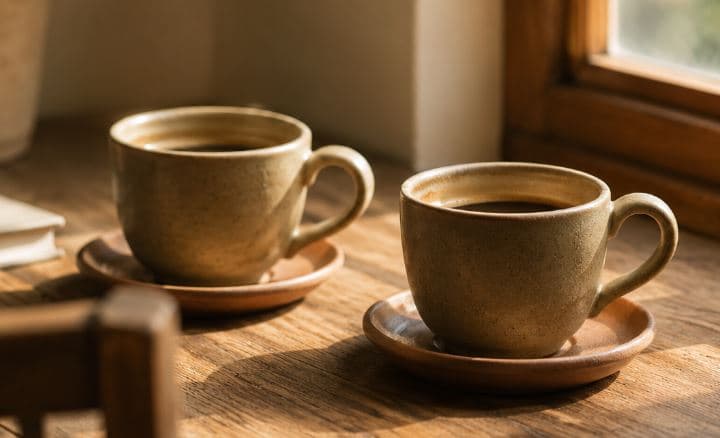 Dos tazas de café frente a frente sobre una mesa cálida, símbolo de una conversación donde nadie está en el banquillo