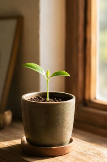 Un pequeño brote verde creciendo hacia la luz de una ventana, símbolo de buscar tu propia respuesta sin esperar a nadie