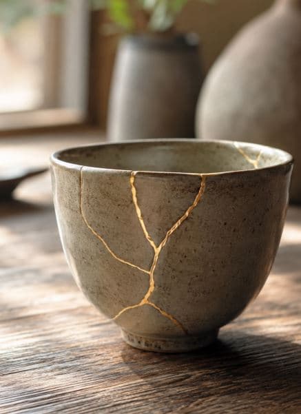 Cuenco de cerámica roto y reparado con líneas doradas (kintsugi), símbolo de mirar las grietas de frente en lugar de discutir de quién son