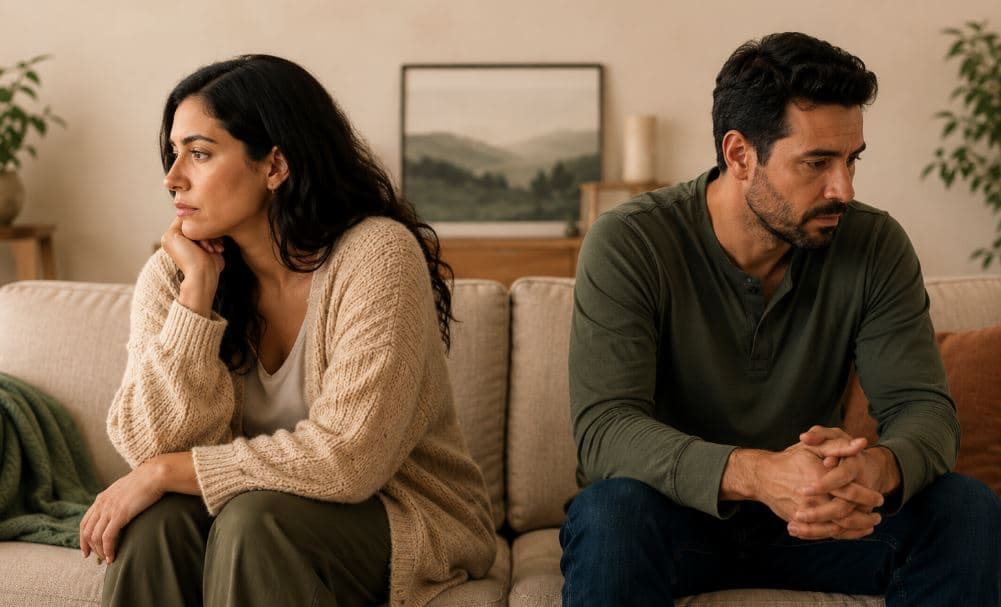 Pareja sentada en un sofá mirando en direcciones opuestas, con la distancia que se abre cuando uno de los dos señala al otro